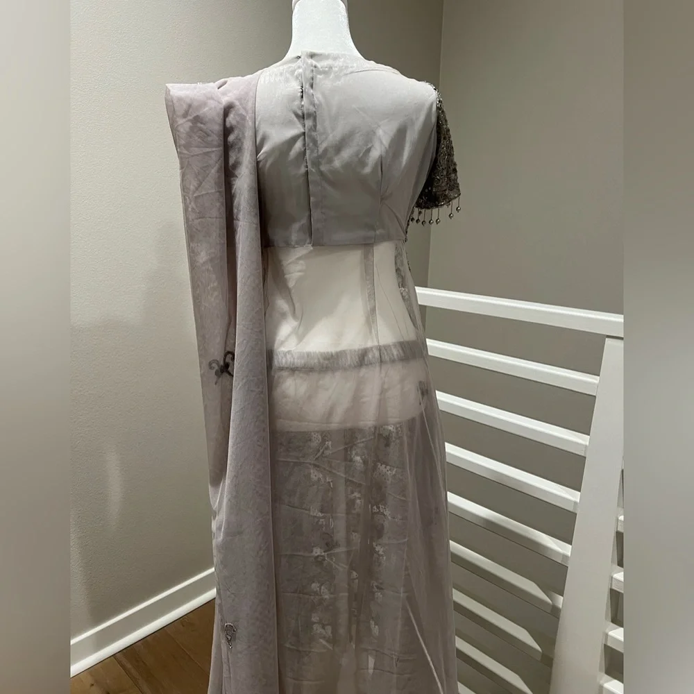 Lehenga - silver/gray, sequence & bead work, sheer skirt, solid satin pants, XS - Picture 3 of 9